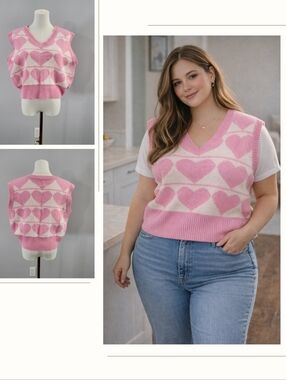 Twik Pink Heart Sweater Vest Cute Knit Preppy Coquette Size L